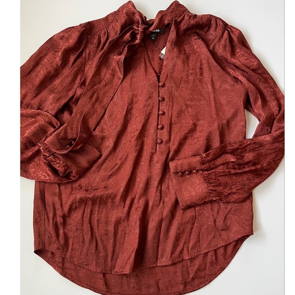 Express Women’s Brown Jacquard Tie Neck Long Sleeve Top Size Medium - Picture 7 of 7